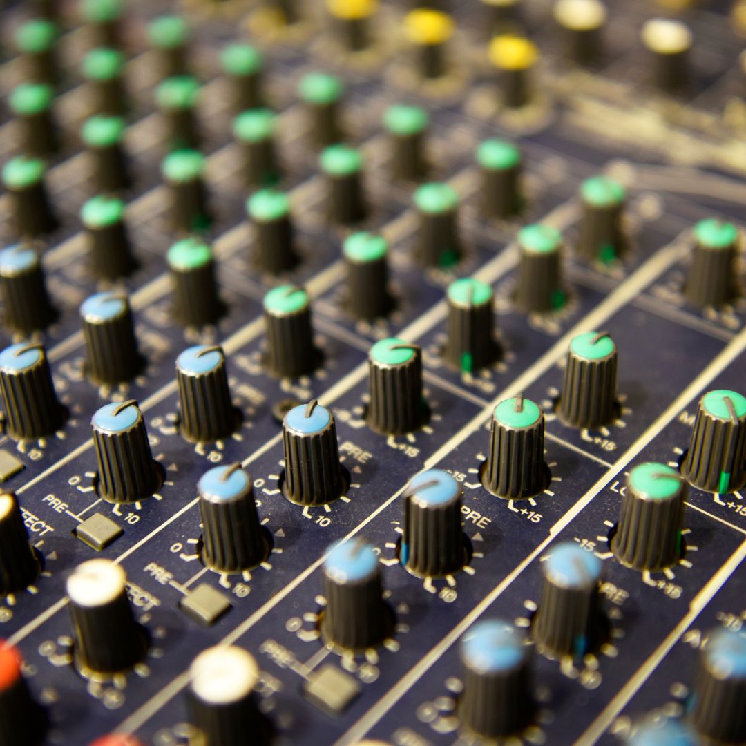 An audio board in a studio.